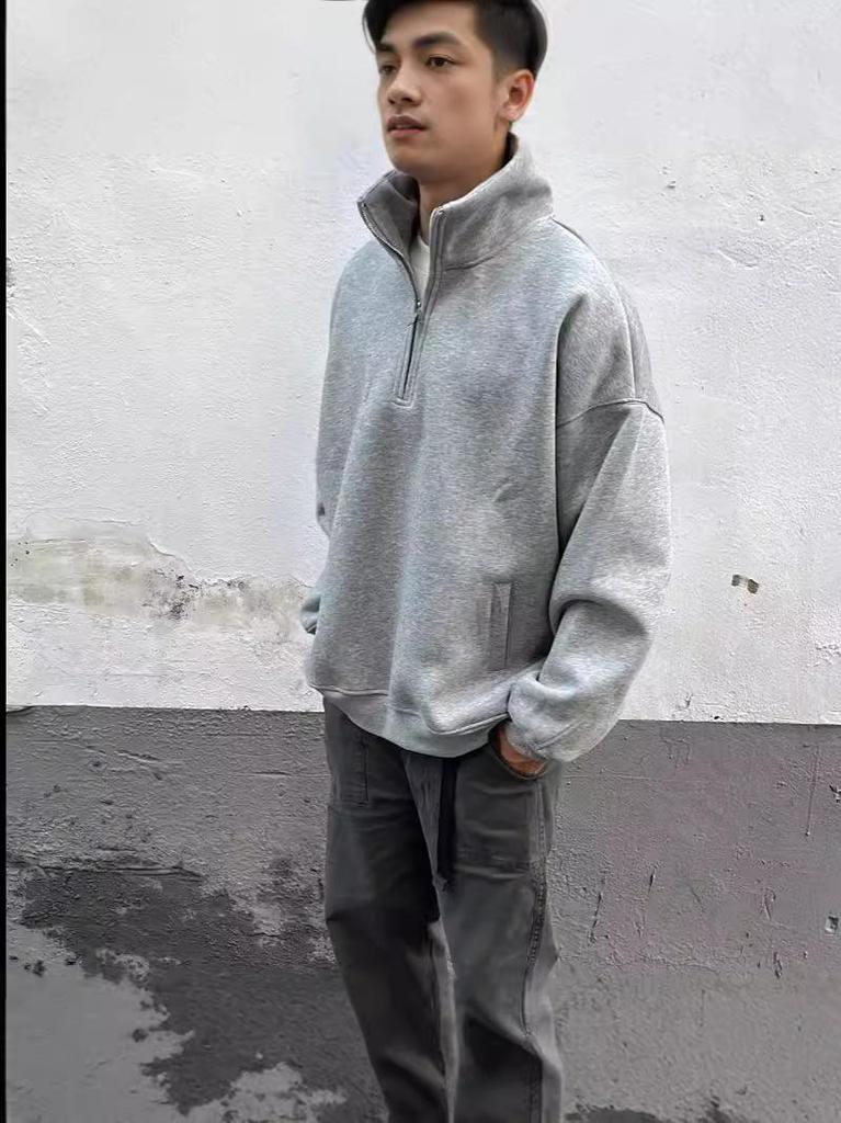 Men's Heavyweight Loose Half-Zip Hoodie – Versatile Spring/Autumn Outerwear with Stand-Up Collar and Unique Design
