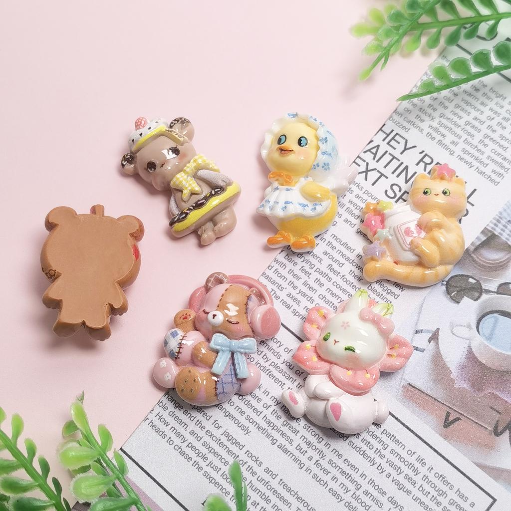 New 100Pcs Kawaii Cartoon Animals Resin Cabochons Cute Cat Bear Duck Rabbit Flatback No Hole Beads for DIY Jewelry Accessories