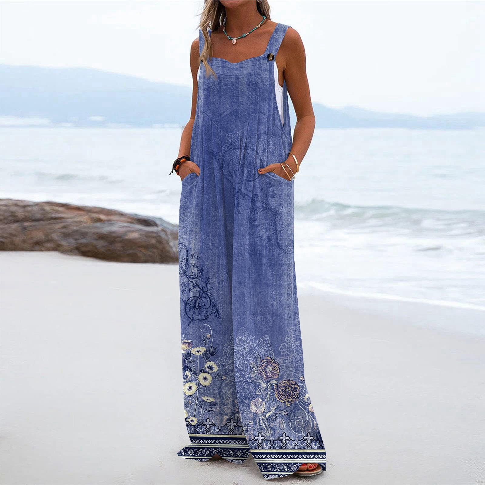 

Женский модный повседневный свободный комбинезон без рукавов с карманами и принтом XL