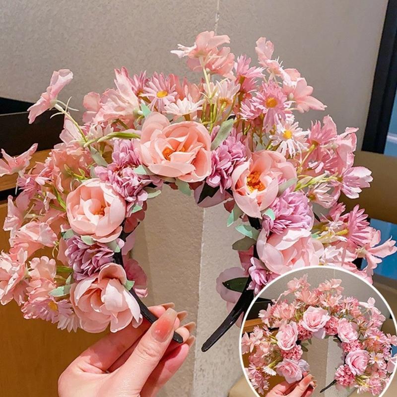 Colorful Flower Headband Double-sided Crown Hair Wreath Wedding Party Costume Headpiece for Bridal Women Hair Accessory