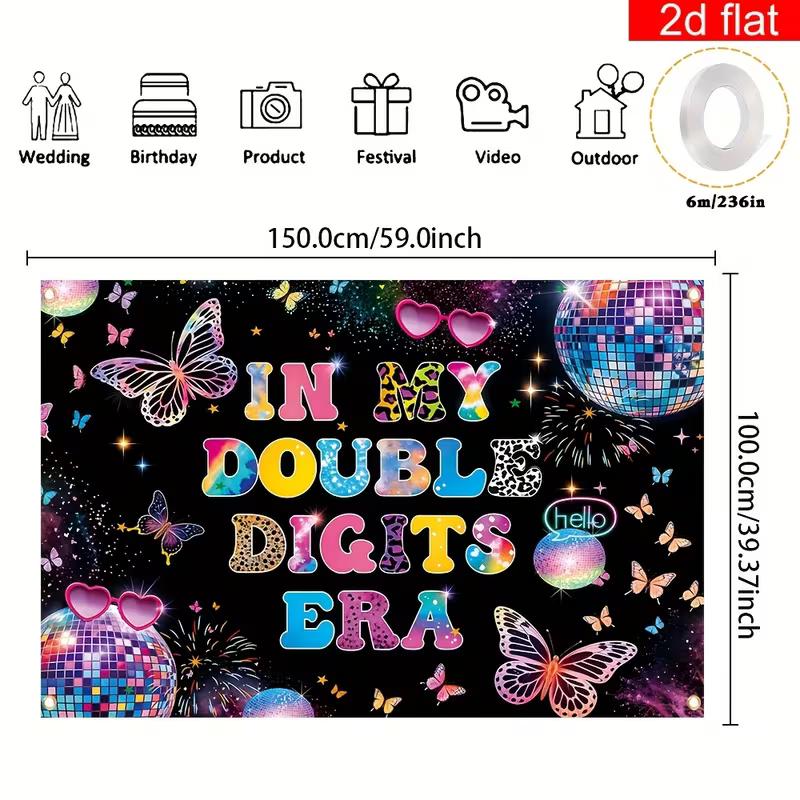 

2D Disco Butterfly Happy 10th Birthday Backdrop, In My Double Digits Era Banner 47.2x31.5inch/120*80cm