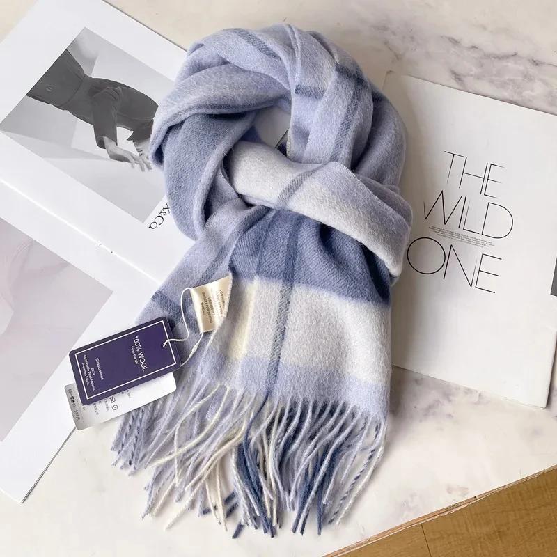 100% Pure Wool Scarf For Men Winter Deep Blue Plaid Wool Neck Warmer Luxury Gift For Boyfriend Dad And Elderly