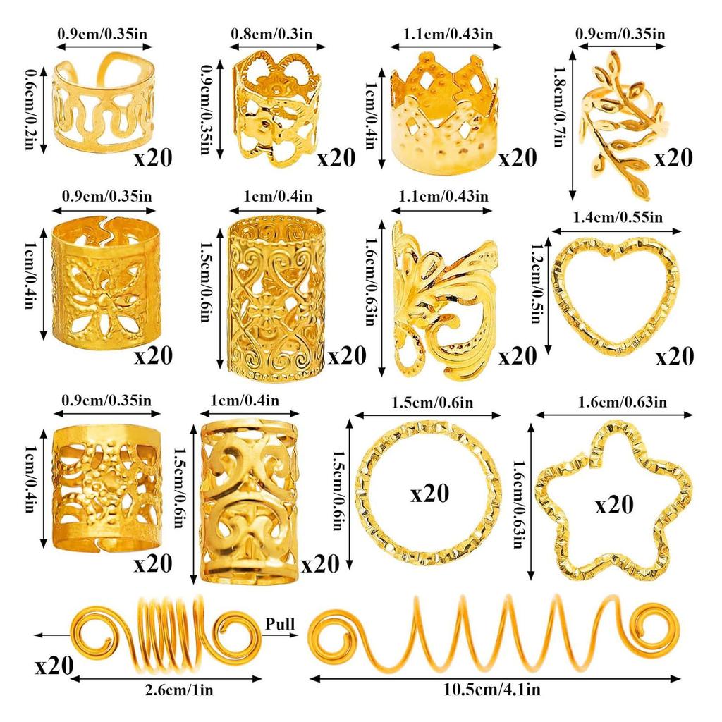 260pcs Hair Dreadlocks Rings Hair Braid Clips Alloy Braided Hair Accessory Set for Weddings Birthday Party Dance