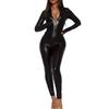Women's Shiny PU Leather Deep V Zipper Bodycon Jumpsuit