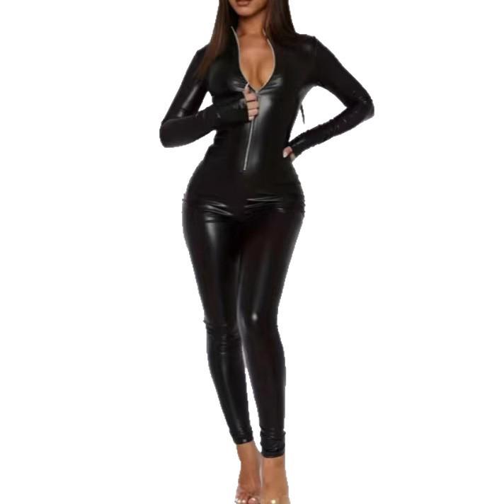 Women's Shiny PU Leather Deep V Zipper Bodycon Jumpsuit