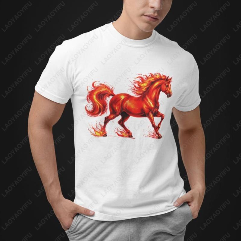 Year of The Red Horse Adult Cotton TShirt Chinese Zodiac New Year 2026 Graphic Tee Camisetas Fun Festival Simple Oneck Man Tops