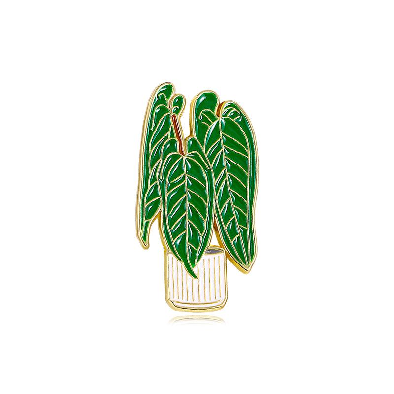 Funny Large Leaf potted Plant Enamel Brooches Cute Green Plant Golden Lapel Pins Gift For Garden Women Girls Badge