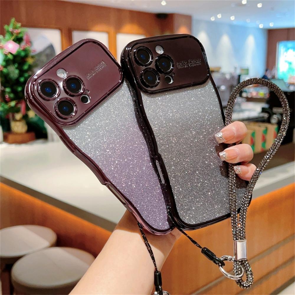For iPhone 16 Pro Max Case with Strap Gradient Glitter Electroplating TPU Phone Cover