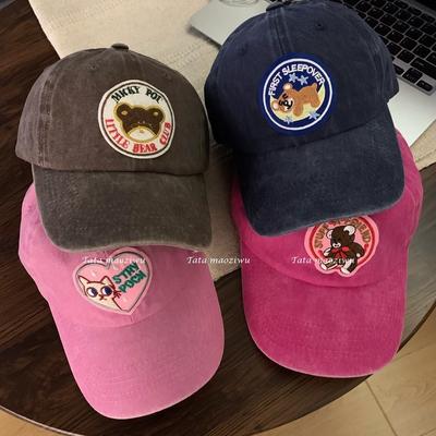 Pink Love Baseball Cap for Women Korean Style Big Head Cap Soft Top Cute Cat Hat Trendy Face