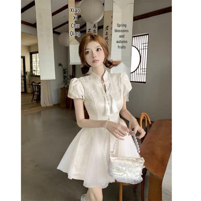 Summer Style National Wind Qipao Dress - Short-Sleeved, Waist-Cinched, Fluffy Skirt for Women L