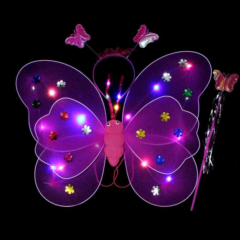 Children's Glow Angel Costume: Girl's Gauze Skirt with Flashing Wings and 20-Light Butterfly Design, 3-Piece Set.