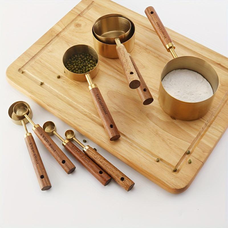 4Pcs Stainless Steel Wooden Handle Measuring Cups Spoons Baking Tools Coffee Bartending Scale Kitchen Accessories Set