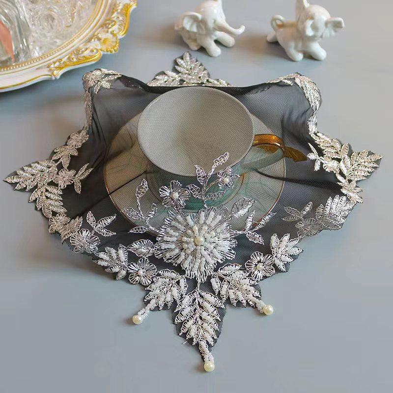 Table Surface decoration and accessories black bead flower embroidery table place mat cloth coaster Wedding Christmas placemat kitchen for Home
