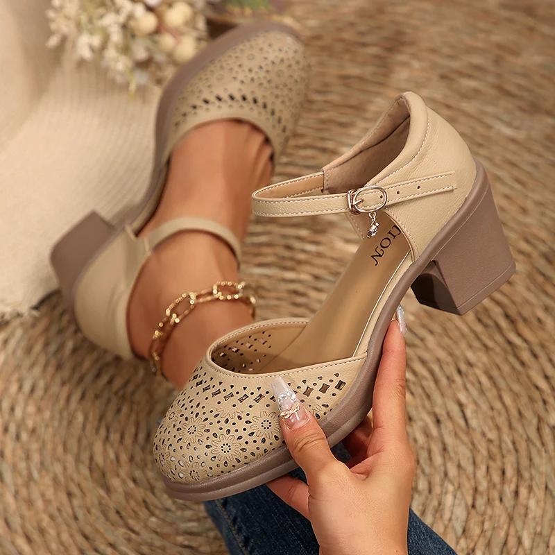 Fashion Ankle Strap High Heels Sandals for Women 2025 Summer Hollow Out Breathable Pumps Woman Comfortable Chunky Heeled Mary Jane Shoes