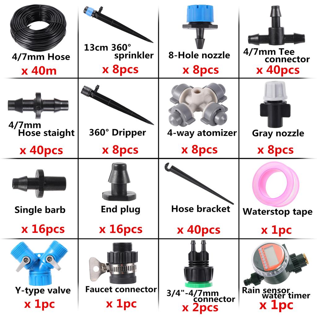 10m To 40m 4/7mm Hose Garden Pot Irrigation Set, Automatic Programmable Watering Timer, Ground Sprinkler, Various Accessories