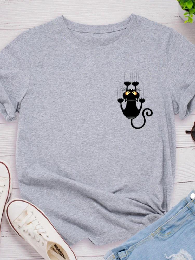 Pocket Black Cat Print T Shirt Women Short Sleeve O Neck Loose Tshirt Summer Women Causal Tee Shirt Tops Camisetas Mujer