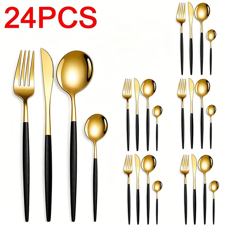 24Pcs Black Handle Gold Cutlery Set of Spoons and Forks, Stainless Steel Utensils for Daily and Festival Use Tea Spoon DCS006