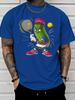 Cartoon Pickle Playing Padel Tennis Sport Graphic Unisexs Cotton Crew Neck Tee Short Sleeve Loose Casual Daily Street Male Wear Top