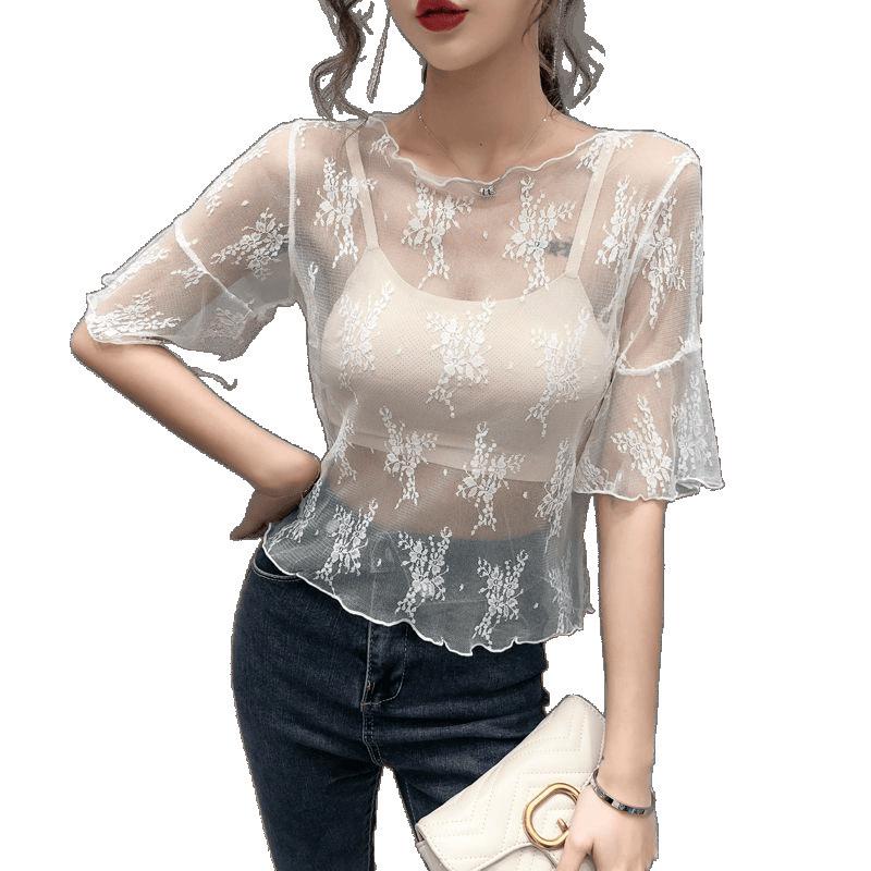 Women's See-Through Bell Sleeve Lace Top - 2025 Fairy Style Hollow Out Mesh Gauze Layer