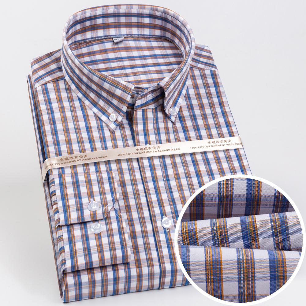 Men's Plaid Spread Collar Wrinkle-Free Long Sleeve Button-Down Shirt, 100% Cotton Regular Fit Business Casual Formal Office Wear