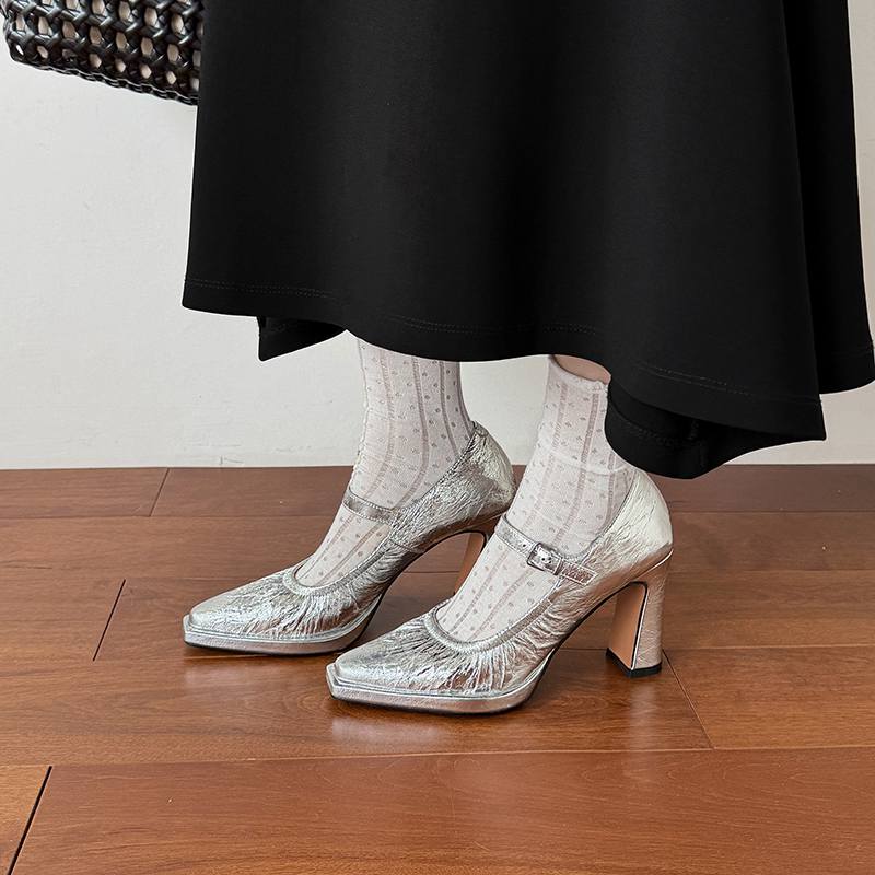 Krazing Pot Suede Sheepskin Square Toe High Heels Summer Solid Color Shoes Big Size 41 Buckle Women Modern Pumps