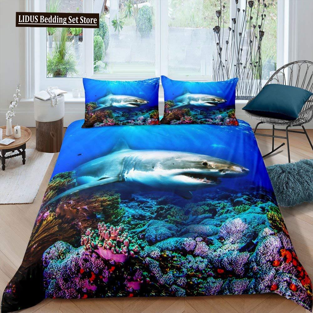 Fisch Bettbezug Set Ozean Bettwäsche Sets 3D Gedruckte Unterwasserwelt Mit Hai Delfin Korallenriff Muster Bettdeckenbezug Set 2/3tlg