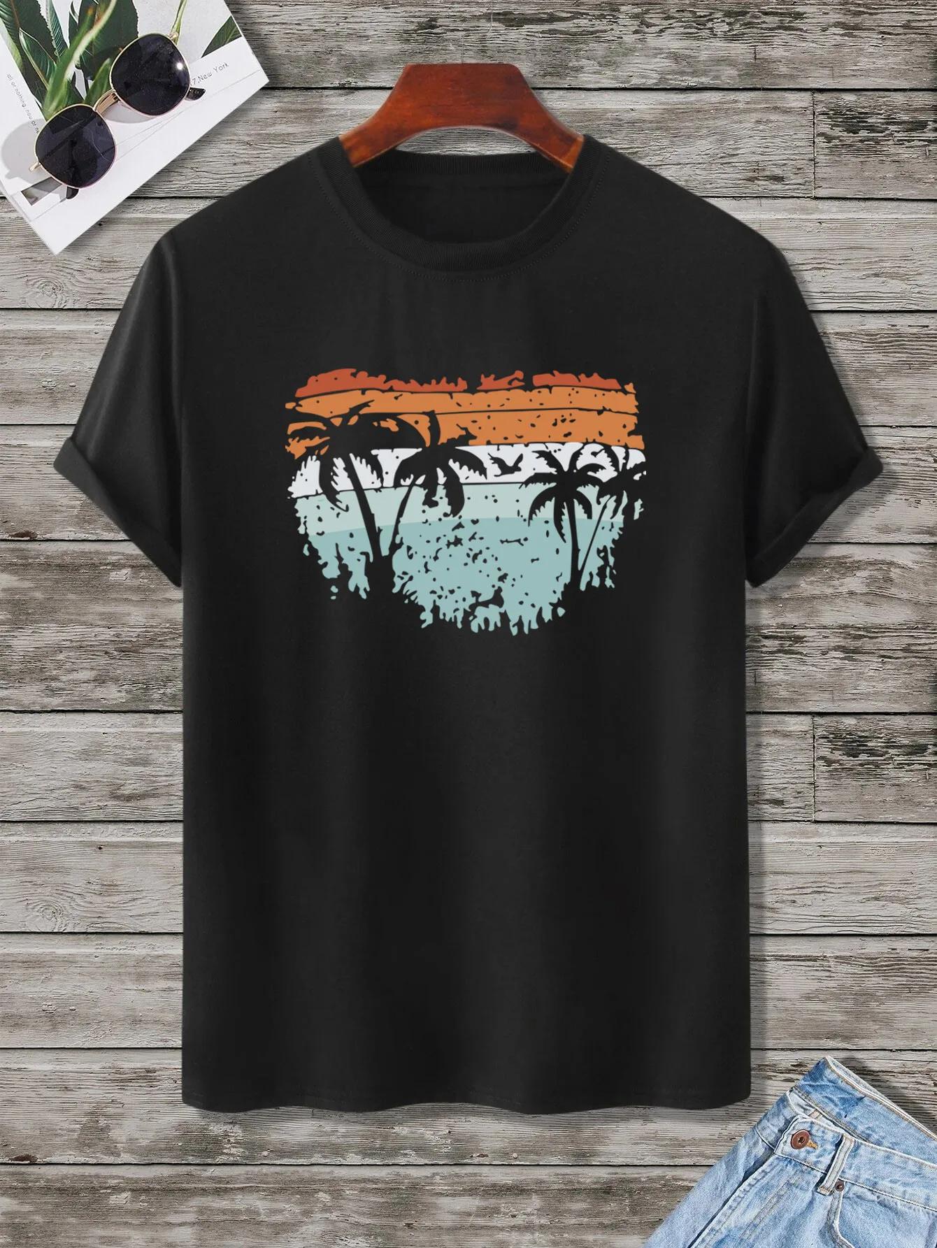 

Coconut tree print Crew Neck T-shirt, Casual Short Sleeve Fashion Summer T-Shirts Tops, Men s Outfits,Oversize Tees M