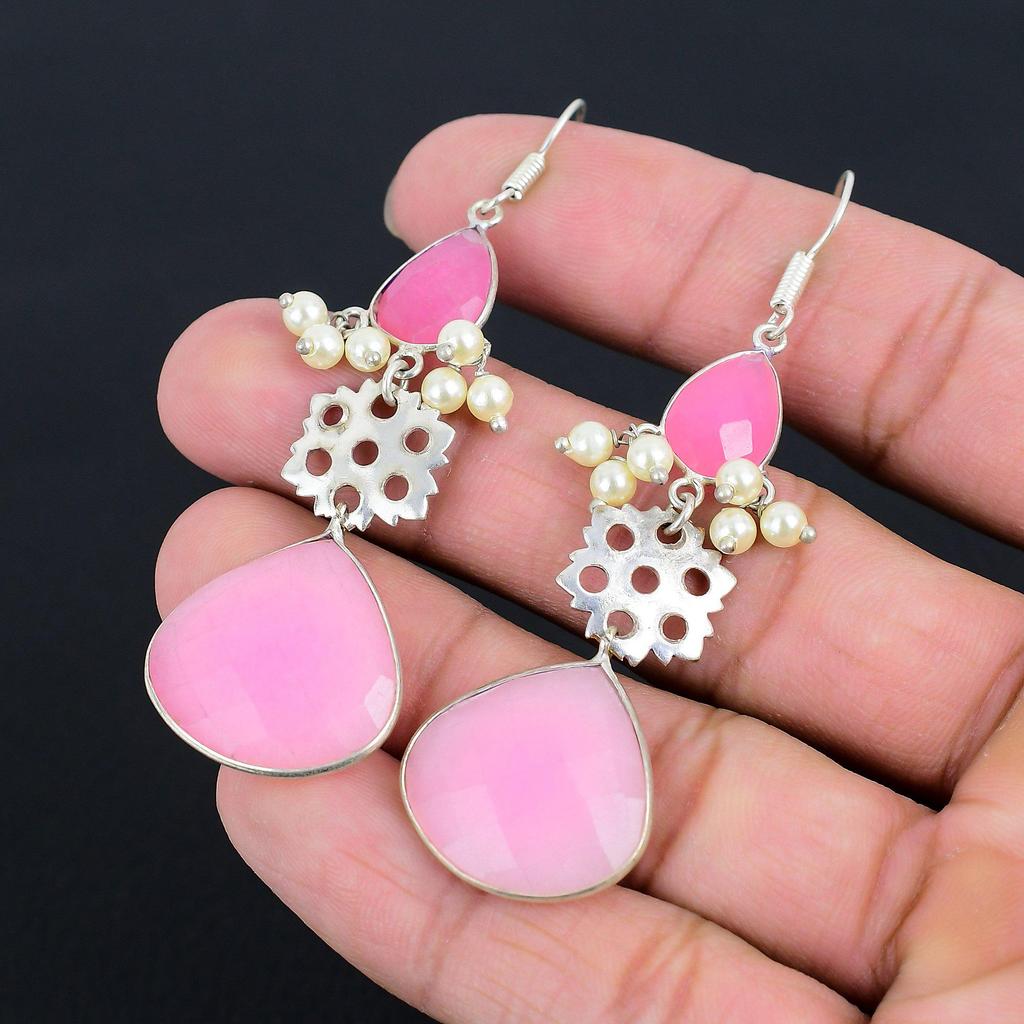 Natürliche Rosa Chalcedon Edelstein Tropfen/Hängeohrringe 925 Silber Für Damen