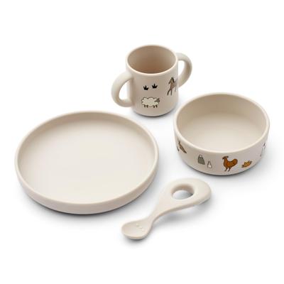 Liewood Set de Vajilla para Bebé Set de Silicona Plato para Bebé Cuenco Taza Cuchara LIEWOOD Vivi Set de Vajilla Estampado Granja [LIEWOOD Oficial] 4 Piezas