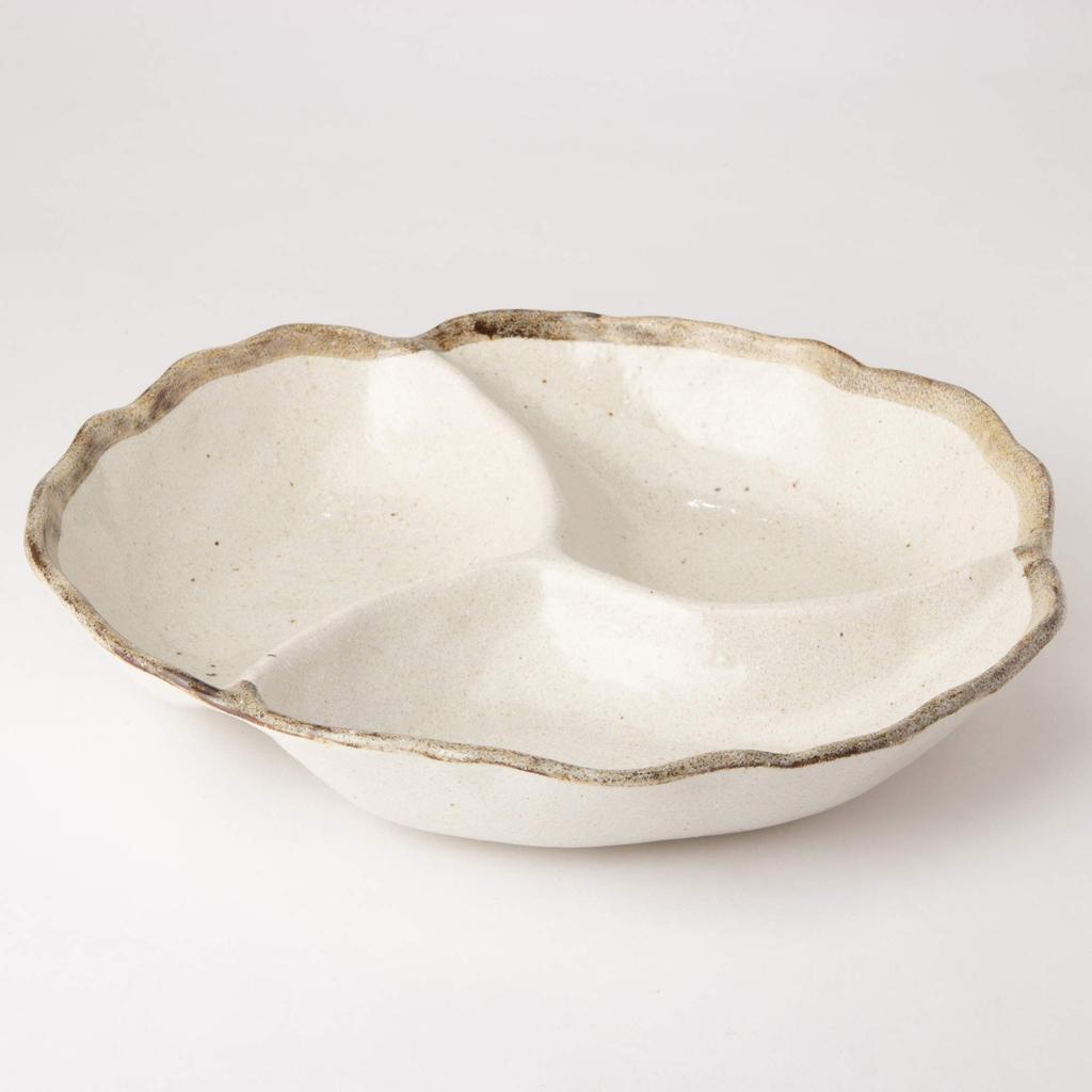 Mino Ware Partitioned Bowl, Large Appetizer Plate, White Karatsu Style, K80015