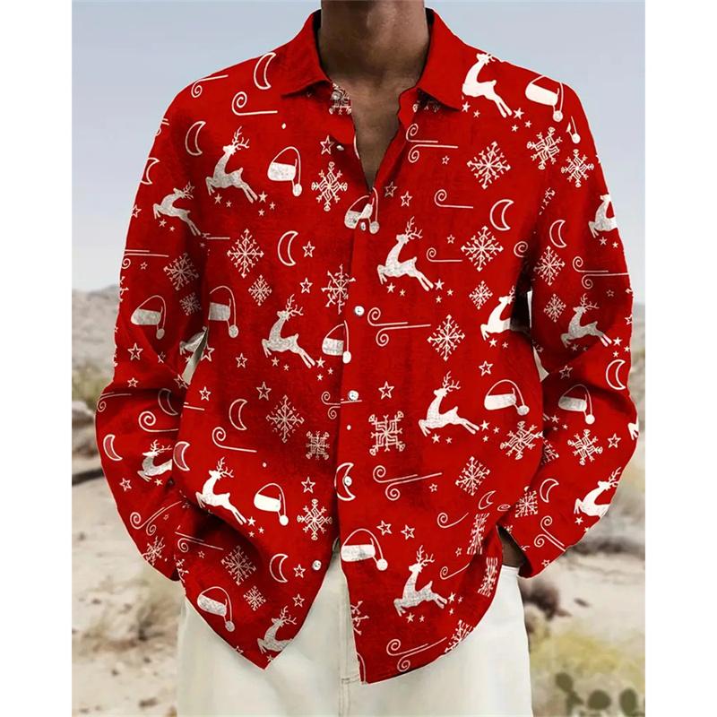 Reindeer Snowflake Pattern Hawaiian Shirts For Men Christmas Tree 3D Printed Blouse Casual Loose Aloha Shirts Long Sleeves Tops