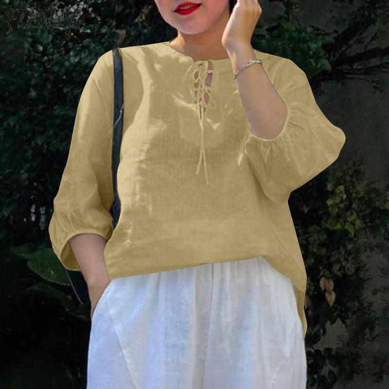 ZANZEA Damska sznurowana bluzka z dekoltem w serek, casualowa, z rękawem 3/4, luźna