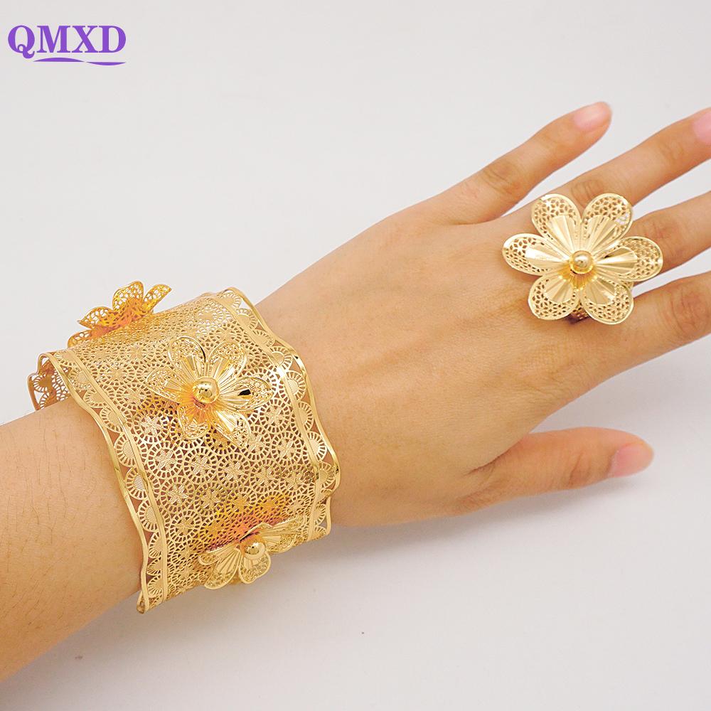 Dubai Gold Color Bangle With Ring For Women Charm Chain Cuff Bracelet Indian Bracelet Arabic France Bridal Wedding Jewelry Gifts