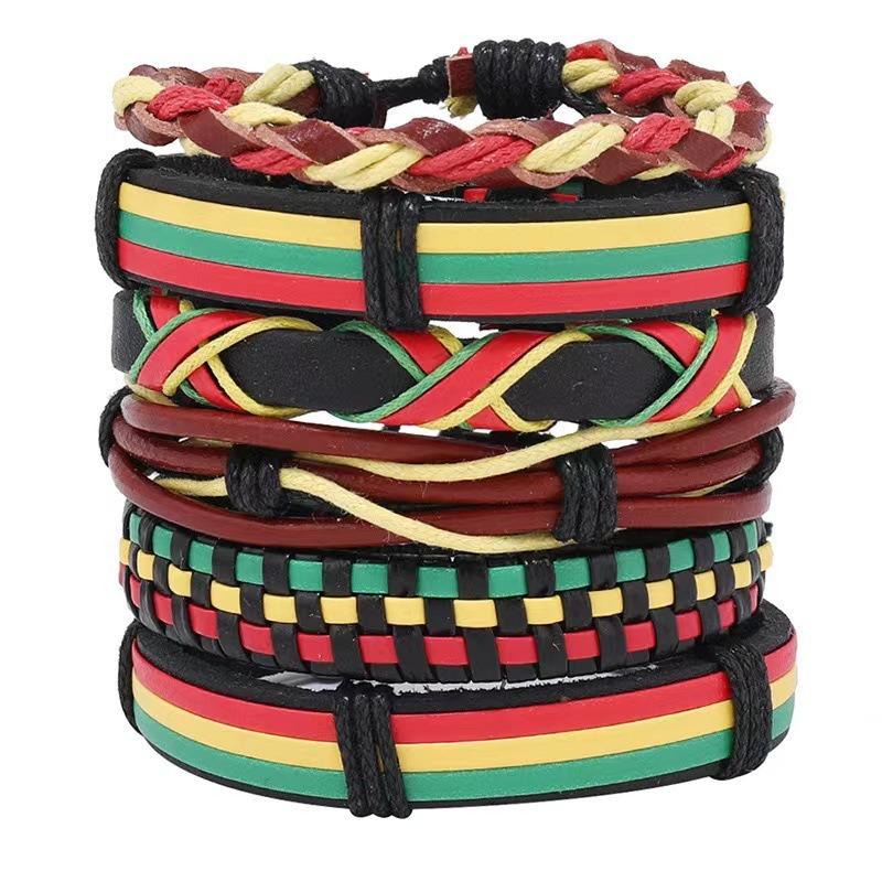 New 6-piece set TEMU hot-selling punk style red, green and yellow hand-woven leather bracelet men's bracelet