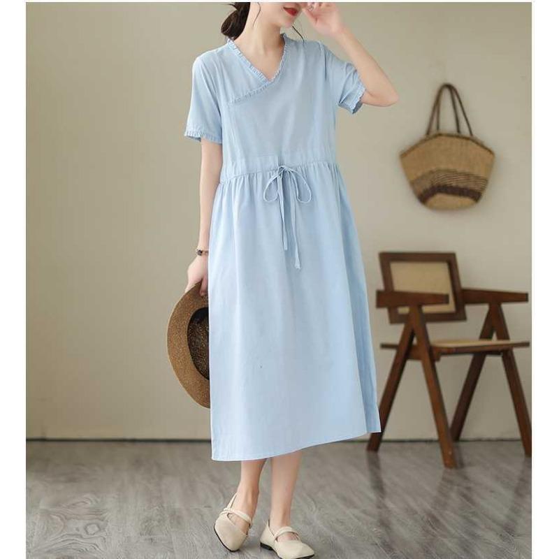 Ethnic Style Wooden Ear Neck Tie Waist Short Sleeve Midi Literary Vintage Dresses