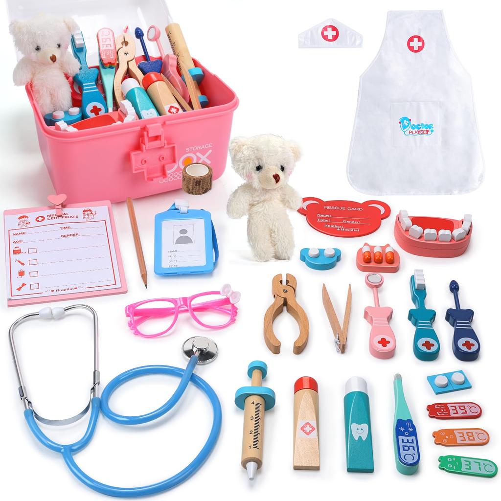 Cute Stone Wooden Doctor Play Set with Nurse Storage and Educational Toy for Birthday Preschool Gift Set, 44-Piece Uniform, Hat, Case, Tools, Kids,
