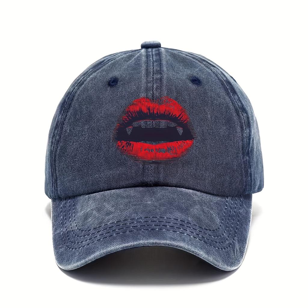 Vampire Fangs Lips Print Baseball Cap Distressed Washed Cotton Adjustable Snapback Hat Unisex Casual Outdoor Casual Headwear