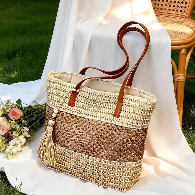 Woven Straw Shoulder Bag Women Large Capacity Casual and Simple Beach Bag Fashiable and Versatile Tote Bag for Summer Vacati