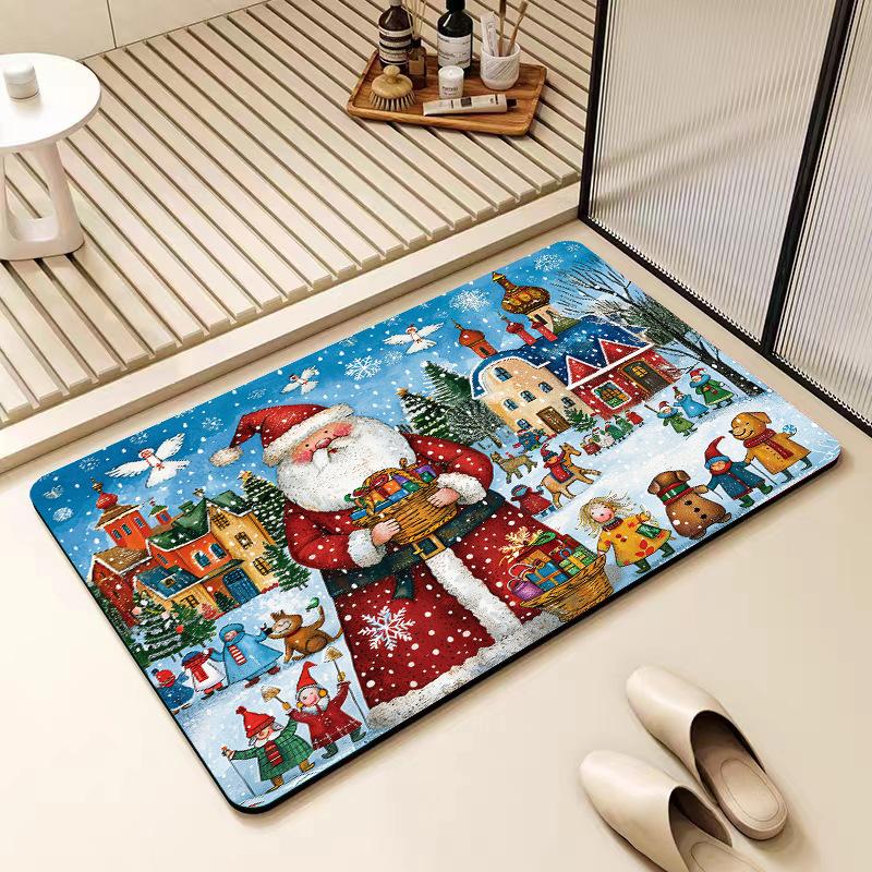 Christmas Diatom Mud Floor Mat Strong Absorbent Bathroom Floor Mat Festive Atmosphere Bathroom Anti-slip Floor Mat