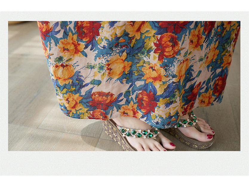 2024 Summer V-Neck Cotton & Linen Loose Retro Beach Dress for Women - Plus Size, Slimming, Long Robe Style