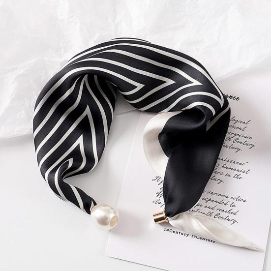 Women Silk Scarf Striped Leopard Dot Print Silk Scarf Necklace with Faux Pearl Magnetic Buttons Formal Wear Accessories