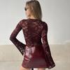 Black Sexy V-neck Lace Bodysuit Women Tops 2026 Summer Long Sleeve See Through Slim Rompers Jumpsuit Lace Up Sheer Lace Bodysuits
