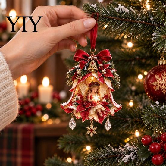 Stunning Fairy Tale Hanging Decor Bell Christmas Ornament, 2D Flat Flower Elegant Ornaments for Stores Decoration, Acrylic Xmas Tree Pendant