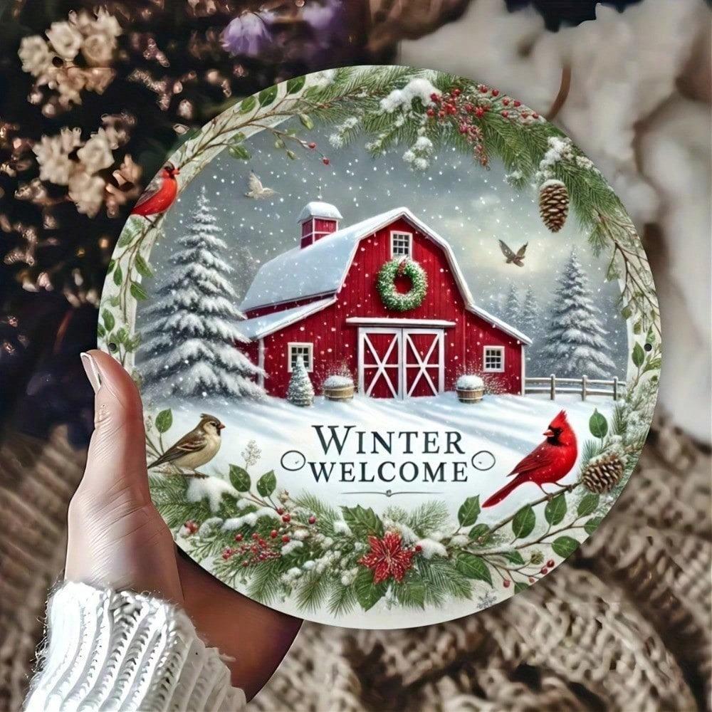 Vintage Red Barn Snowy Tin Metal Sign 8x8 Rustic Winter Farmhouse Wall Art Home Decor Kitchen Bar