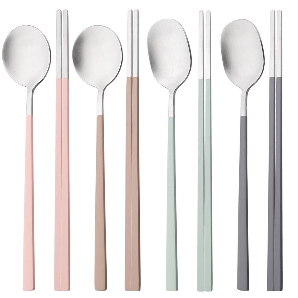 8Pcs Korean Dinnerware Set Silver High Quality Stainless Steel Flatware Set Matte Dinner Spoon Chopsticks Tableware Cutlery Set