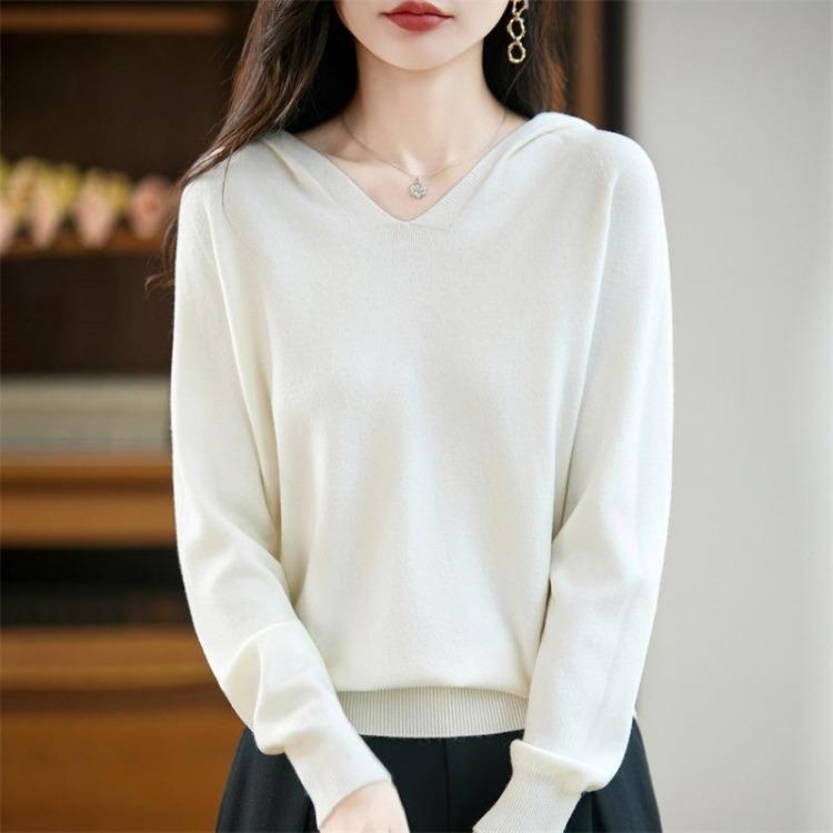 Warm V Neck Hooded Knitted Sweater for Women Autumn Winter Hoodie Sweater