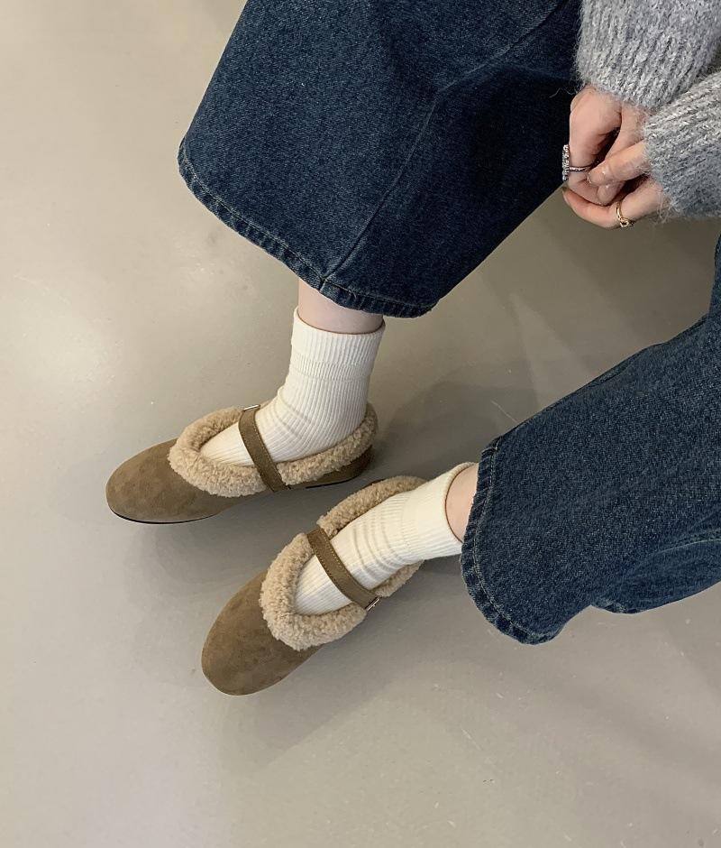

~ Retro fur integrated shallow mouth word with Mary Jane single shoes women s winter plush flat-bottomed fluffy shoes 39