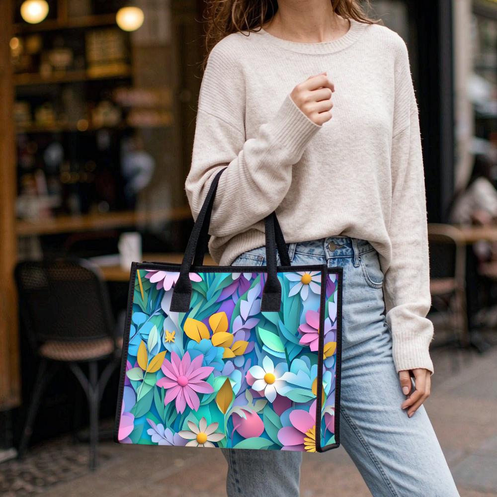 Floral Pattern Tote Bag Casual Daily Handbag Large Capacity Reusable Shopping Bag