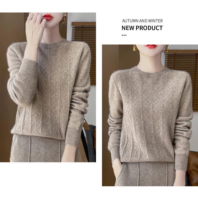 Women's Cable Knit Pure Wool Sweater, 2024 Autumn/Winter, Solid Color, Round Neck, Warm Base Layer.