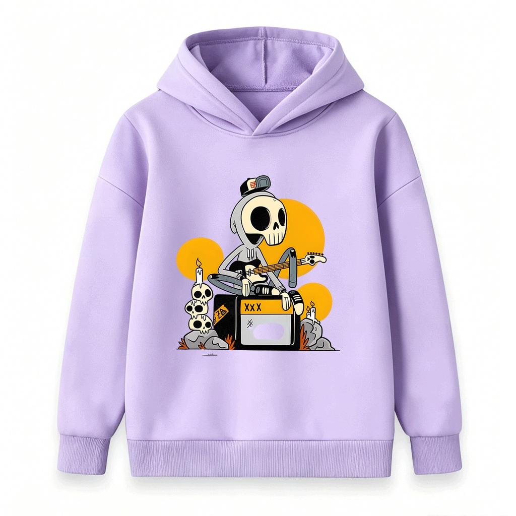 Kids Boys Girls Pullover Hoodie, Cute Skeleton Character Play Electric Guitar Print Casual Hooded Sweatshirt for Daily Wear and Music Lovers, Soft War